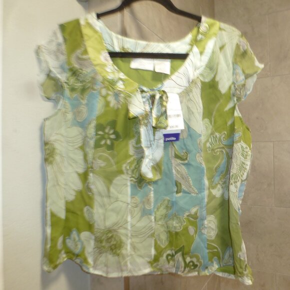 COPY - Silk lined short sleeve  Petite Thyme Floral Top sz 16P - Picture 1 of 13